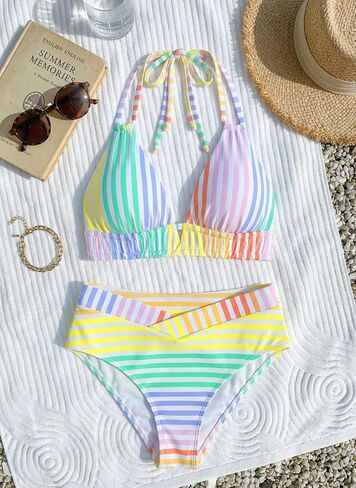 ROSEWE Womens Double Straps Bikini Sets, V-Neck Triangle Top with Mid-Waisted Briefs, Two Piece Colorful Halter Swimsuits in Saudi Arabia