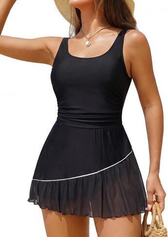 Smismivo Womens One Piece Swim Dress Tummy Control Swimsuit Modest Slimming Mesh Sheer Bathing Suit with Short 2026 in Saudi Arabia