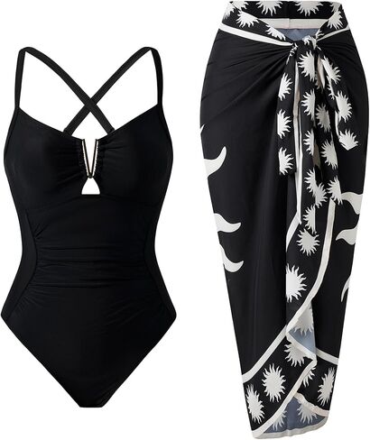 Women's One Piece Swimsuit with Skirt Retro Tummy Control Slimming Bathing Suit Wrap Cover Up Set in Kuwait