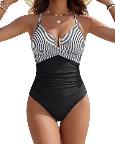 Women One Piece Swimsuit Tummy Control Ruched Bathing Suit U Wire Front Cross V Neck Swimwear Push Up Slimming Suit in Saudi Arabia