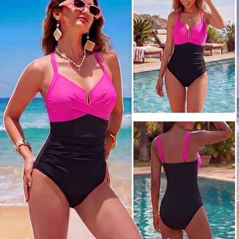 Women One Piece Swimsuit Tummy Control Ruched Bathing Suit U Wire Front Cross V Neck Swimwear Push Up Slimming Suit in Saudi Arabia