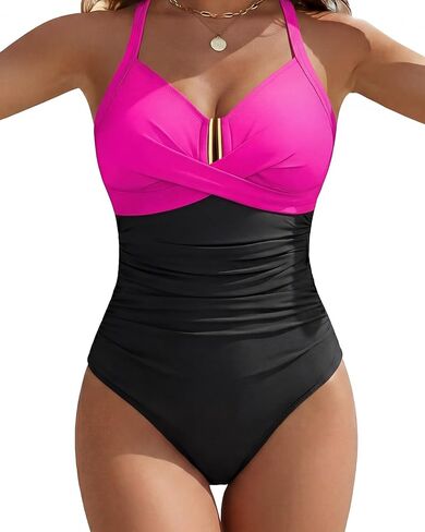 Women One Piece Swimsuit Tummy Control Ruched Bathing Suit U Wire Front Cross V Neck Swimwear Push Up Slimming Suit in Saudi Arabia