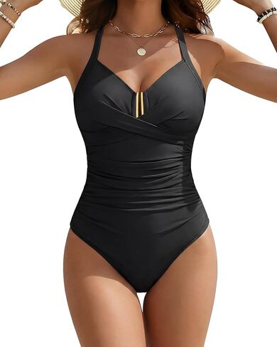 Women One Piece Swimsuit Tummy Control Ruched Bathing Suit U Wire Front Cross V Neck Swimwear Push Up Slimming Suit in Saudi Arabia