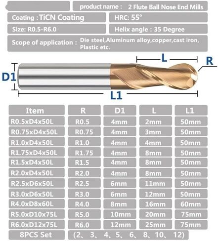 1 قطعة مطحنة نهاية الكرة الأنف 2-الفلوت CNC راوتر حفارة نحت بت R0.5-R8.0 كربيد قاطعة المطحنة TiCN المغلفة راوتر بت in Kuwait