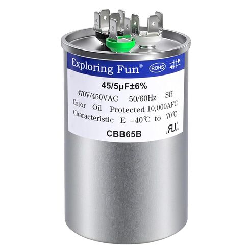 45+5 فائق التوهج 45/5 MFD ±6% 370/440VAC 50/60 هرتز CBB65B مكثف تشغيل دائري ثنائي القناة - مناسب لأنظمة التدفئة والتهوية وتكييف الهواء (HVAC)، أو مكثف مستقيم، أو تكييف هواء بمضخة حرارية in Kuwait