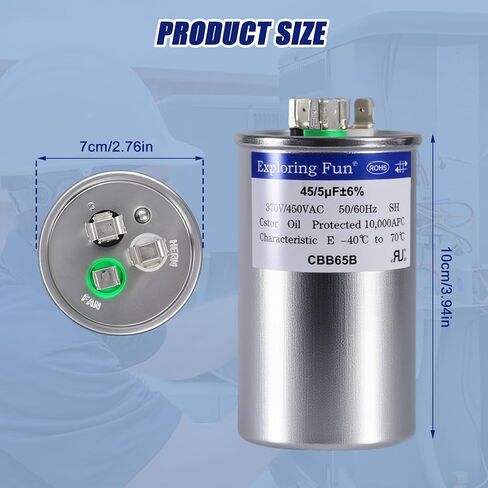 45+5 فائق التوهج 45/5 MFD ±6% 370/440VAC 50/60 هرتز CBB65B مكثف تشغيل دائري ثنائي القناة - مناسب لأنظمة التدفئة والتهوية وتكييف الهواء (HVAC)، أو مكثف مستقيم، أو تكييف هواء بمضخة حرارية in Kuwait