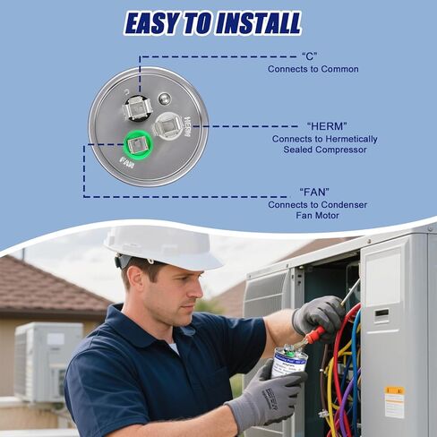 45+5 فائق التوهج 45/5 MFD ±6% 370/440VAC 50/60 هرتز CBB65B مكثف تشغيل دائري ثنائي القناة - مناسب لأنظمة التدفئة والتهوية وتكييف الهواء (HVAC)، أو مكثف مستقيم، أو تكييف هواء بمضخة حرارية in Kuwait