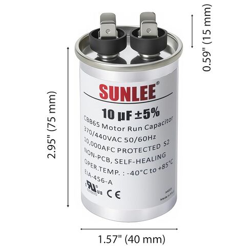 مكثف تشغيل SUNLEE UL معترف به 10 فائق التوهج (10 MFD) 370/440 VAC CBB65، 50/60 هرتز، بديل موثوق لمحرك مروحة مكثف التيار المتردد، المضخة الحرارية أو مضخة حمام السباحة in Kuwait