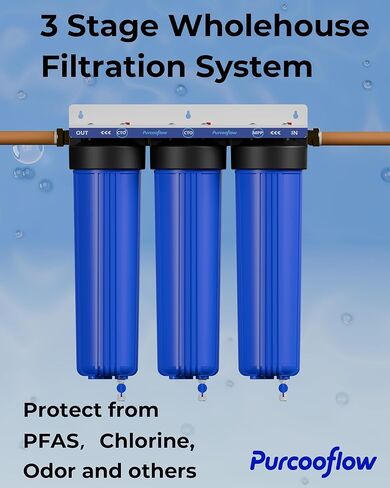 نظام تصفية مياه المنزل بالكامل ثلاثي المراحل، تقليل PFAS، 20 × 4.5 بوصة، يتضمن كتلة كربون PP وCTO وPFAS، ومنافذ نحاسية NPT مقاس 1 بوصة، وصمامات تصريف، ومفتاح ربط ومجموعة تثبيت in Kuwait