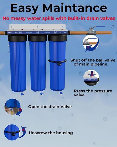 نظام تصفية مياه المنزل بالكامل ثلاثي المراحل، تقليل PFAS، 20 × 4.5 بوصة، يتضمن كتلة كربون PP وCTO وPFAS، ومنافذ نحاسية NPT مقاس 1 بوصة، وصمامات تصريف، ومفتاح ربط ومجموعة تثبيت in Kuwait