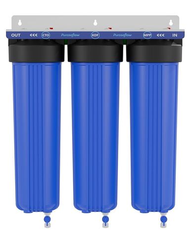 نظام تصفية مياه منزلي كامل ثلاثي المراحل، تقليل المعادن الثقيلة، 20 × 4.5 بوصة، يتضمن كتلة كربون PP وKDF وCTO، ومنافذ نحاسية NPT مقاس 1 بوصة، وصمامات تصريف ومجموعة تثبيت in Kuwait