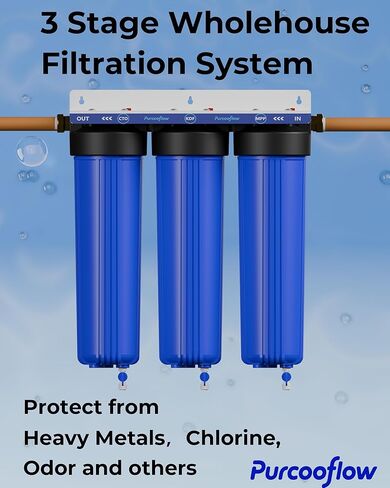 نظام تصفية مياه منزلي كامل ثلاثي المراحل، تقليل المعادن الثقيلة، 20 × 4.5 بوصة، يتضمن كتلة كربون PP وKDF وCTO، ومنافذ نحاسية NPT مقاس 1 بوصة، وصمامات تصريف ومجموعة تثبيت in Kuwait