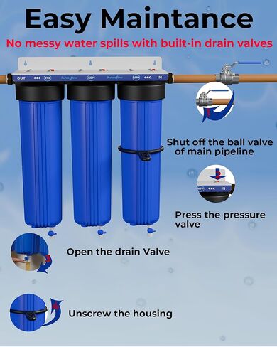 نظام تصفية مياه منزلي كامل ثلاثي المراحل، تقليل المعادن الثقيلة، 20 × 4.5 بوصة، يتضمن كتلة كربون PP وKDF وCTO، ومنافذ نحاسية NPT مقاس 1 بوصة، وصمامات تصريف ومجموعة تثبيت in Kuwait