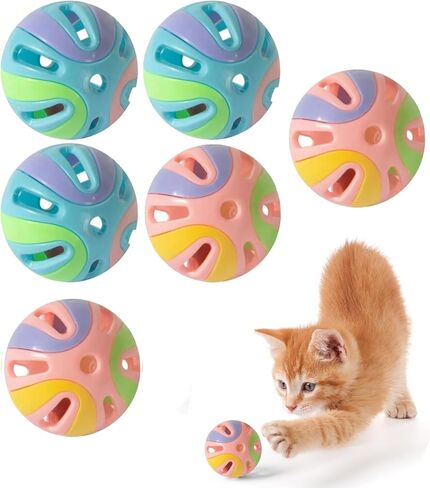 كرات لعبة القطط الملونة مع جرس 6 قطع، تصميم مجوف تفاعلي، بلاستيك، لعبة تدريب (ألوان مختلطة.أ) in Kuwait