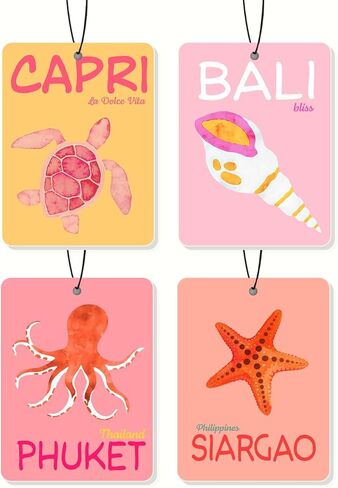 Beach - Themed Car Air Freshener 4 Pcs, Retro Summer Vibes Hanging Air Freshener for Cars Closet Drawer Books, Car Accessories Mirror Decor for Beach Lovers. in Saudi Arabia