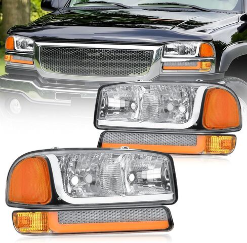 مجموعة مصابيح أمامية LED DRL لسيارة جي إم سي سييرا 99-07/يوكون XL 1500 2500 00-06 استبدال غطاء أسود عاكس واضح in Kuwait