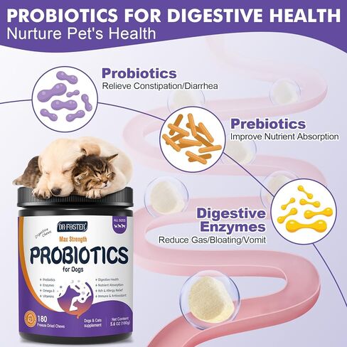 DRFOSTER Probiotics for Dogs, Freeze-Dried Dog Probiotics and Digestive Enzymes, Plus Omega-3 for Itchy Skin, Prebiotics for Digestive Health, Dog Vitamins and Supplements for Immune Health, 180 Bites in Kuwait