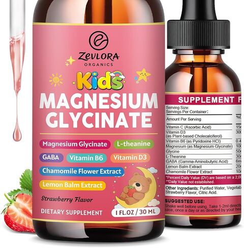 Magnesium Glycinate Drops for Kids - 200mg Magnesium Glycinate Liquid Supplement with L-Theanine, GABA, B6, D3, Chamomile - Relaxation & Cognition Support - Strawberry Flavor - 1 Fl Oz in Saudi Arabia