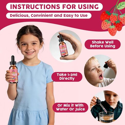 Magnesium Glycinate Drops for Kids - 200mg Magnesium Glycinate Liquid Supplement with L-Theanine, GABA, B6, D3, Chamomile - Relaxation & Cognition Support - Strawberry Flavor - 1 Fl Oz in Saudi Arabia