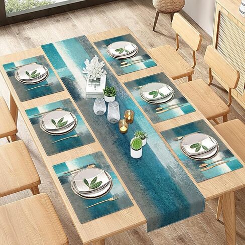 ArtSocket مفرش طاولة هندسي ومفارش مجموعة من 6 قطع، أبيض أسود رمادي لوحة تجريدية فنية لتزيين الطعام للاستخدام اليومي (مفرش طاولة واحد بطول 72 بوصة و6 مفارش) in Kuwait