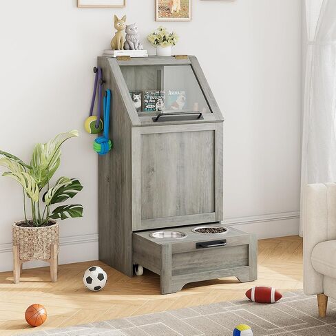 محطة تغذية الكلاب مع وعاءين مرتفعين، محطة تغذية الحيوانات الأليفة، خزانة تخزين طعام الكلاب، حاوية تخزين الطعام، منظم ألعاب الحيوانات الأليفة، منظم حديث، بني in Kuwait