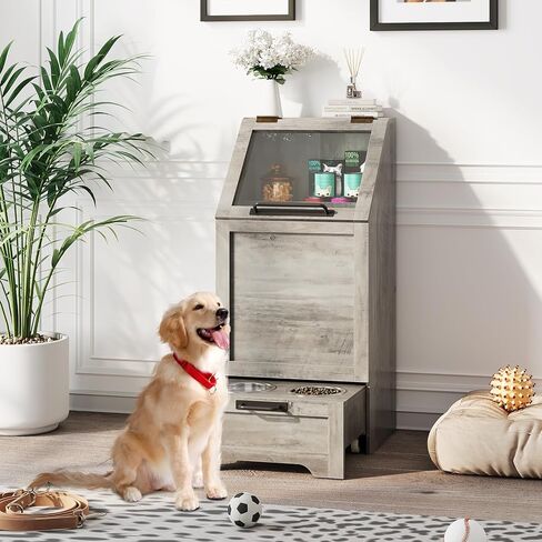 محطة تغذية الكلاب مع وعاءين مرتفعين، محطة تغذية الحيوانات الأليفة، خزانة تخزين طعام الكلاب، حاوية تخزين الطعام، منظم ألعاب الحيوانات الأليفة، منظم حديث، بني in Kuwait