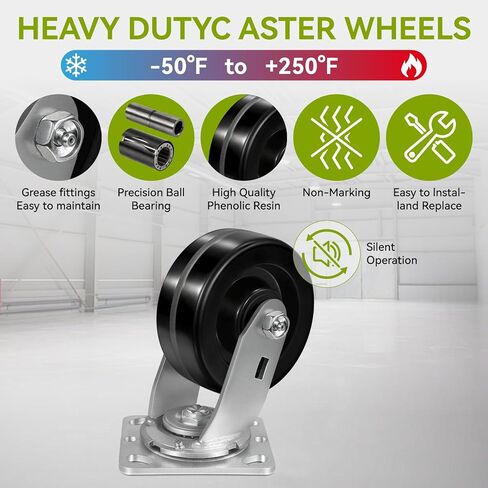 عجلات شديدة التحمل مقاس 5 × 2 بوصة، عجلة فينولية تتحمل درجات الحرارة العالية، مقاومة للهب بدرجة عالية، حمولة 1000 رطل، محمل أسطواني، لا تترك علامات وكاشطة لمتجر الحدادة (دورة واحدة) in Kuwait