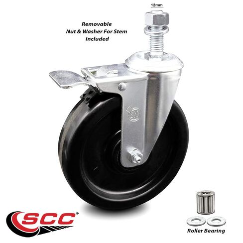 عجلة جذعية دوارة من الفينول مع محمل أسطواني - عجلة سوداء مقاس 6 بوصة × 1.5 بوصة وجذع 12 مم وفرامل قفل إجمالية - سعة 300 رطل/عجلة - العلامة التجارية لعجلة الخدمة in Kuwait