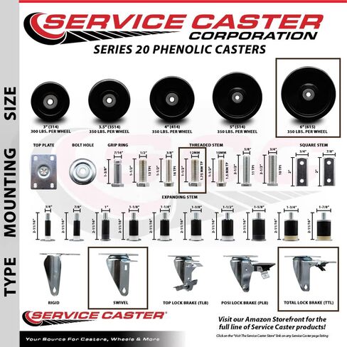 عجلة جذعية دوارة من الفينول مع محمل أسطواني - عجلة سوداء مقاس 6 بوصة × 1.5 بوصة وجذع 12 مم وفرامل قفل إجمالية - سعة 300 رطل/عجلة - العلامة التجارية لعجلة الخدمة in Kuwait