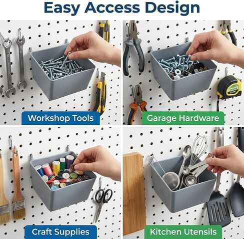 مجموعة صناديق وخطاطيف Pegboard، 4 عبوات من صناديق التخزين الأمامية المفتوحة مع خطافات مقاس 2 بوصة، إضافة منظم الأجزاء الصغيرة للبراغي والأظافر والأدوات وتخزين جدار ورشة عمل المرآب in Kuwait