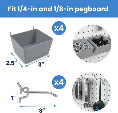 مجموعة صناديق وخطاطيف Pegboard، 4 عبوات من صناديق التخزين الأمامية المفتوحة مع خطافات مقاس 2 بوصة، إضافة منظم الأجزاء الصغيرة للبراغي والأظافر والأدوات وتخزين جدار ورشة عمل المرآب in Kuwait