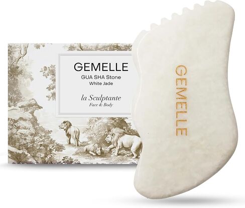 أداة White Jade Gua Sha من GEMELLE - 10x حجر نحت الوجه والجسم الحائز على جوائز مع تصميم 5 حواف للتصريف اللمفاوي والانتفاخ وخط الفك - هدية مميزة للنساء، طقوس طبيعية لتعزيز التوهج in Saudi Arabia