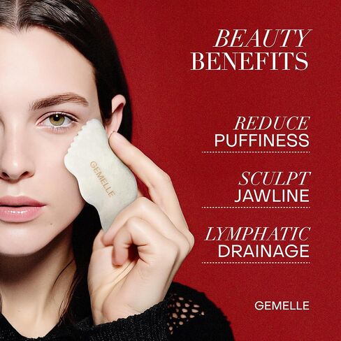 أداة White Jade Gua Sha من GEMELLE - 10x حجر نحت الوجه والجسم الحائز على جوائز مع تصميم 5 حواف للتصريف اللمفاوي والانتفاخ وخط الفك - هدية مميزة للنساء، طقوس طبيعية لتعزيز التوهج in Saudi Arabia
