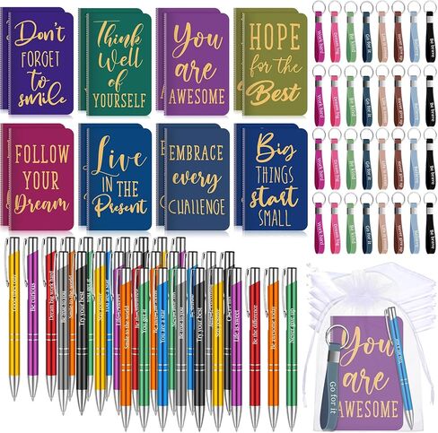 Pajean 128 Pcs Inspirational Gifts Bulk Motivational Notebooks Journal Ballpoint Pens Positive Affirmation Keychains Organza Bags for Students Teachers Employee School Office Prizes Favors Supplies in Saudi Arabia