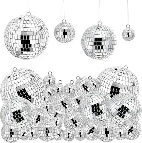 Suwimut 54 Pieces Mini Disco Ball Decor Ornaments, 4 Sizes Glitter Silver Small Hanging Mirror Disco Ball Decoration with Rope for Christmas Tree, Cake Topper, Music Prom, Party, Wedding in Saudi Arabia