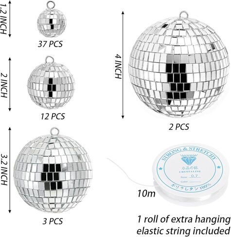 Suwimut 54 Pieces Mini Disco Ball Decor Ornaments, 4 Sizes Glitter Silver Small Hanging Mirror Disco Ball Decoration with Rope for Christmas Tree, Cake Topper, Music Prom, Party, Wedding in Saudi Arabia