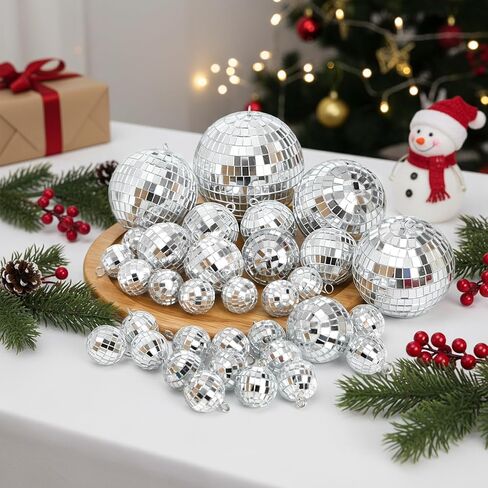 Suwimut 54 Pieces Mini Disco Ball Decor Ornaments, 4 Sizes Glitter Silver Small Hanging Mirror Disco Ball Decoration with Rope for Christmas Tree, Cake Topper, Music Prom, Party, Wedding in Saudi Arabia