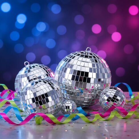 Suwimut 54 Pieces Mini Disco Ball Decor Ornaments, 4 Sizes Glitter Silver Small Hanging Mirror Disco Ball Decoration with Rope for Christmas Tree, Cake Topper, Music Prom, Party, Wedding in Saudi Arabia
