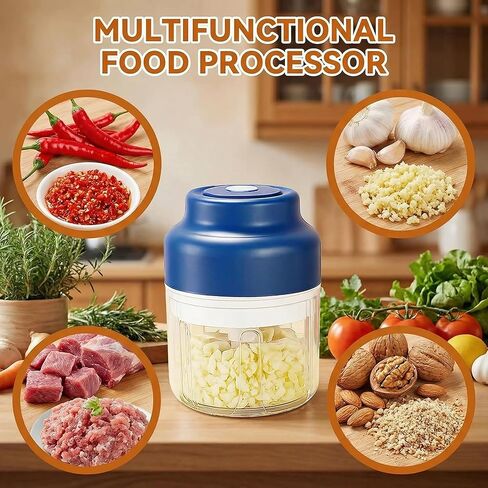 2026 New Electric Garlic Chopper, Mini Portable Veggie Chopper USB Charging Wireless Food Processor, Upgrade Electric Mini Garlic Chopper Set Wireless Veggie Grinder (Blue, 250ML) in Saudi Arabia