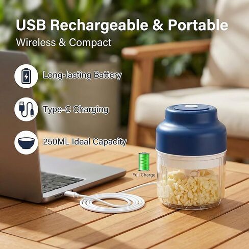 2026 New Electric Garlic Chopper, Mini Portable Veggie Chopper USB Charging Wireless Food Processor, Upgrade Electric Mini Garlic Chopper Set Wireless Veggie Grinder (Blue, 250ML) in Saudi Arabia