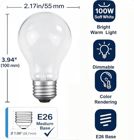 مصابيح كهربائية متوهجة 60 وات، لمبة إضاءة خدمة خشنة A19، قاعدة متوسطة E26، أبيض ناعم 2700 كلفن، قابلة للتعتيم، 110-130 فولت (4 عبوات) in Kuwait