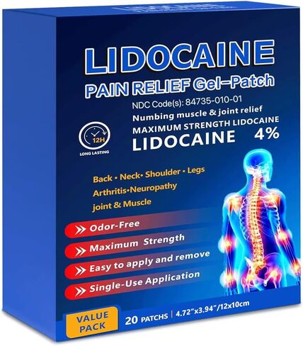 رقع يدوكائين احترافية لتخفيف الآلام - عدد 20 | 4% لصقات جل طبية لراحة المفاصل والعضلات المستهدفة | راحة تدوم لمدة 12 ساعة، تصميم فائق المرونة -lb232 in Kuwait