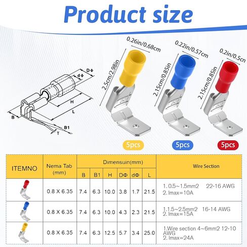 15 Pcs Semi-Insulated Piggyback Spade Connectors, 22-10AWG Piggyback Wire Connectors, Quick Disconnect Electrical Terminals, Female/Male Cable Crimp Terminals for Home Office Car Wiring in Saudi Arabia