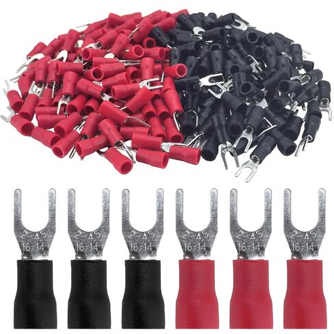 200 قطعة 16-14 AWG موصل سلك شوكة معزول من النحاس الأحمر #8، أطراف تجعيد كهربائية من النوع U (#8 16-14awg (100 أحمر + 100 أسود)) in Kuwait