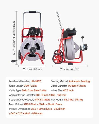 VEVOR Drain Cleaner Machine 75 FT x 1/2 Inch, Auto Feed Sewer Snake Drain Auger on Wheels, Portable Drain Cleaning Machine with 8 Cutters & Air-Activated Foot Switch for 2" to 6" Pipes in Saudi Arabia