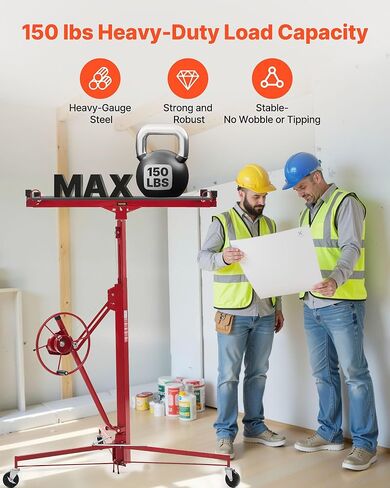 VEVOR 11ft Drywall Lift, Heavy-Duty 150 lbs Sheetrock Hoist with Adjustable Telescoping Arm, Lockable Wheels, Drywall Lifter Panel Jack Hoist Tools Ideal for Ceiling & Wall Installation (Red) in Kuwait