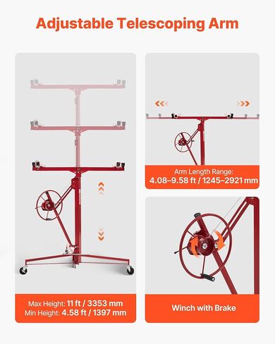 VEVOR 11ft Drywall Lift, Heavy-Duty 150 lbs Sheetrock Hoist with Adjustable Telescoping Arm, Lockable Wheels, Drywall Lifter Panel Jack Hoist Tools Ideal for Ceiling & Wall Installation (Red) in Kuwait