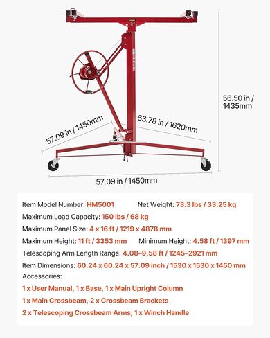 VEVOR 11ft Drywall Lift, Heavy-Duty 150 lbs Sheetrock Hoist with Adjustable Telescoping Arm, Lockable Wheels, Drywall Lifter Panel Jack Hoist Tools Ideal for Ceiling & Wall Installation (Red) in Kuwait