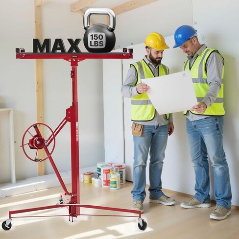 VEVOR 11ft Drywall Lift, Heavy-Duty 150 lbs Sheetrock Hoist with Adjustable Telescoping Arm, Lockable Wheels, Drywall Lifter Panel Jack Hoist Tools Ideal for Ceiling & Wall Installation (Red) in Kuwait