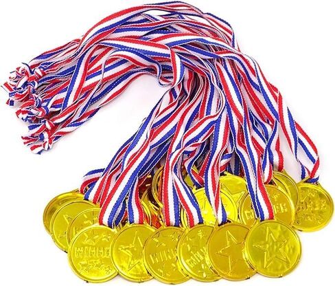 24PCS Gold Plastic Winner Award Medals Gymnastics Field Day Awards Medals for Recreational Activities, Games, Sports, Dress Up and More with Red, White & Blue Ribbons in Saudi Arabia